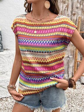 Multicolor Boho Short Sleeve Shirt